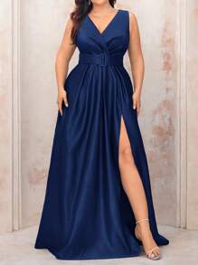 SHEIN Belle Plus Size Vintage Deep V-Neck Overlap Simple Belt Pleated High Slit A-Line Hem Simple Elegant Formal Evening Gown, Prom Dress, For Wedding Guest, Graduation, Dinner, Party Dress