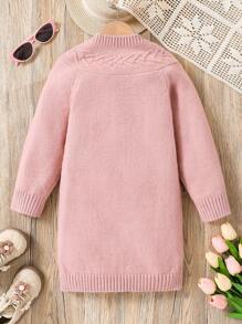 SHEIN Young Girl Cute Casual Fashion Mid-Length Long Sleeve Pocket Handmade Crochet Wave Pattern Dress - Dusty Pink - View 2