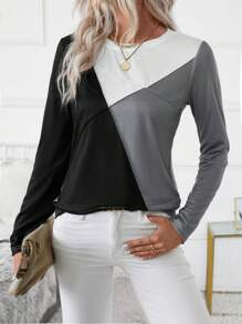 EMERY ROSE Women's Casual Colorblock Geometric Print Round Neck Long Sleeve T-Shirt, Autumn Fall Cloth For Women - Multicolor - View 3
