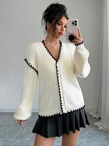 SHEIN Unity Cárdigan suelto de punto de mujer con cuello en V, mangas largas caídas y un solo botonadura para otoño/invierno - Albaricoque - Ver 1