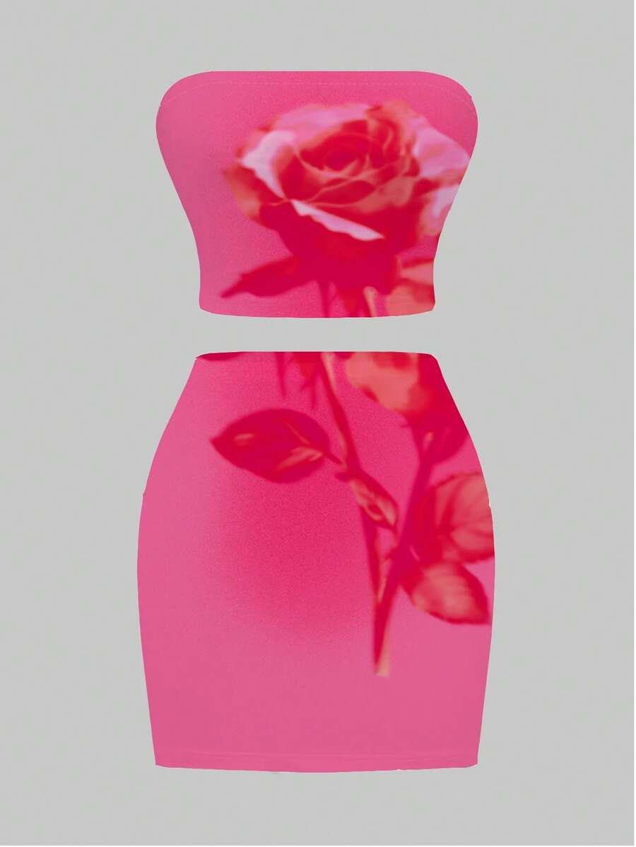 SHEIN SXY Bộ 2 áo ống và chân váy thường ngày cho nữ có họa tiết hoa hồng, phong cách mùa hè lãng mạn - trắng - Xem 1