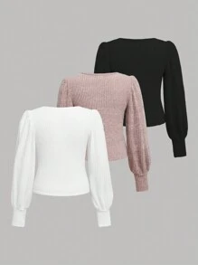 SHEIN Girlism Tween Girls' Casual Ribbed Crew Neck Puff Sleeve Long Sleeve T-Shirt Multi-Piece Set