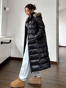 SHEIN EZwear 女士纯色蓬松饰边连帽拉链长袖羽绒夹克，冬季 - 黑色 - 查看 4