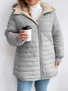 SHEIN LUNE Plus Size Women's Solid Color Long Sleeve Zip-Up Hooded Casual Padded Padded Coat, For Winter Clothes - Light Grey - View 5