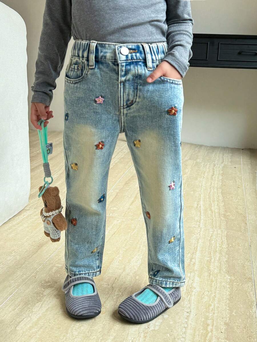 SHEIN Young Girl' New Fashionable Embroidered Washed Denim Tapered Jeans - Medium Wash - View 1