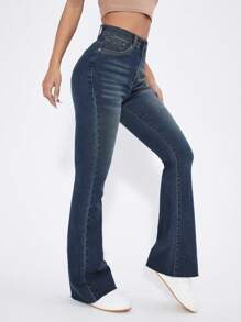 SHEIN EZwear Washed Denim Blue High Waist Flare Leg Jeans
