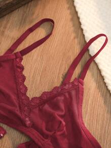 Conjunto de lencería de sujetador y bragas de unicolor con borde de encaje para mujer - Rojo - Ver 3