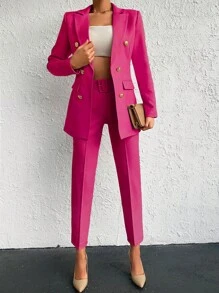Cottnline Solid Double Breasted Blazer & Slant Pocket Trousers - Hot Pink - View 4