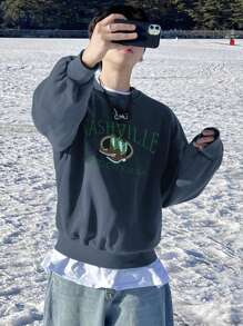 DAZY Men's Letter Pattern Embroidered Sweatshirt, Autumn/Winter - Blue - View 5