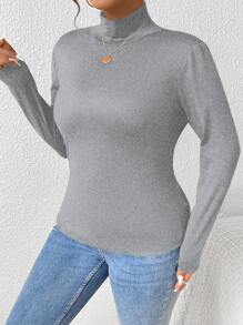 SHEIN PETITE CURVE T-shirt ajusté à manches longues col montant de couleur unie pour femmes en tailles plus