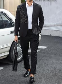 Manfinity Mode Men's Business Casual Flat Collar Single Breasted Dotted Print Patchwork Suit Jacket - Black - View 1