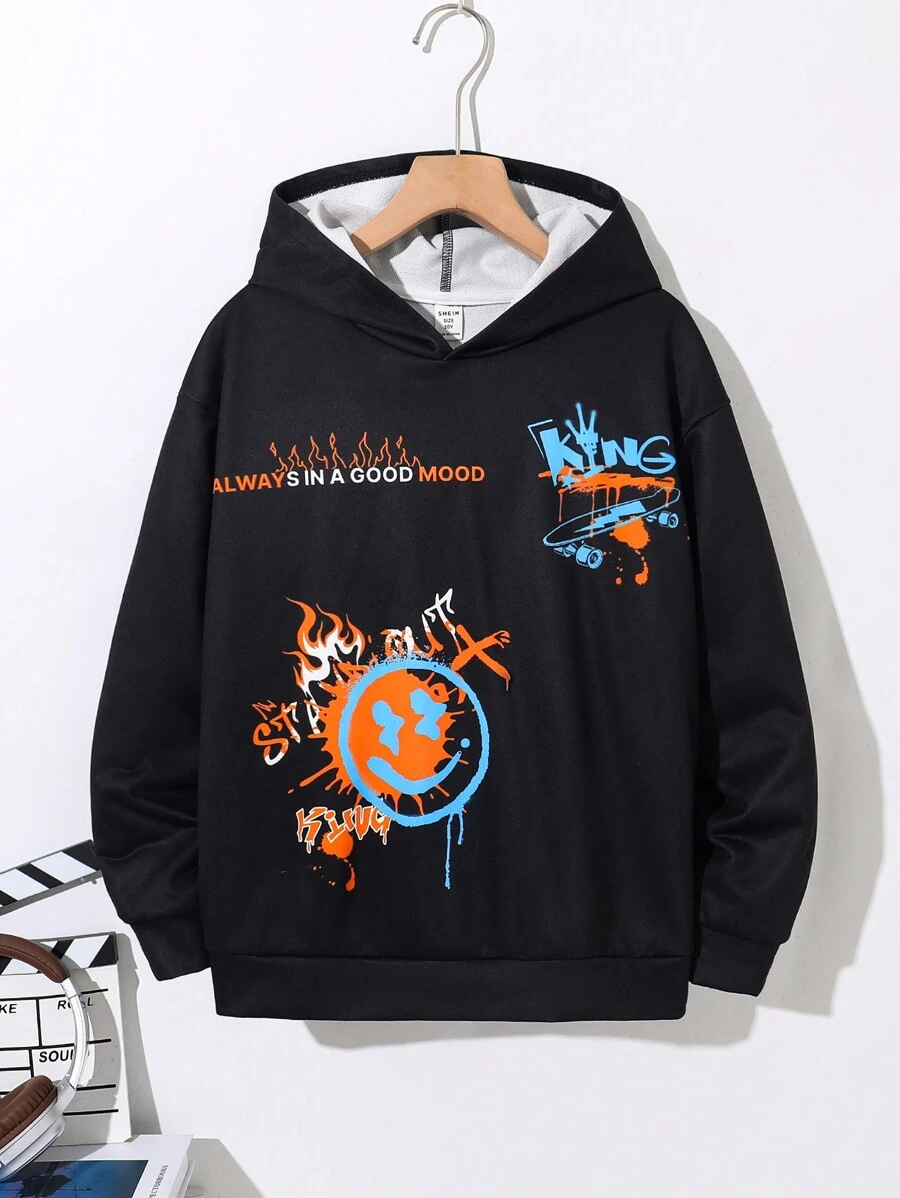 Áo nỉ rộng rãi phong cách graffiti dành cho bé trai tuổi teen, thích hợp cho các hoạt động thường ngày, ngoài trời và thời trang đường phố vào mùa thu và mùa đông. - màu đen - Xem 1