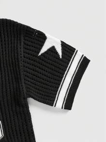 ROMWE Blusa de punto de manga corta con estampado de jacquard de estrellas y números, estilo deportivo - Negro - Ver 4