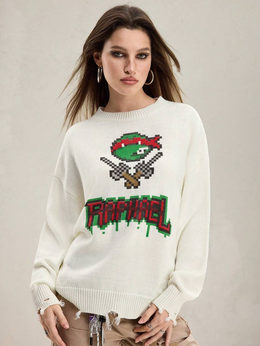 TEENAGE MUTANT NINJA TURTLES | SHEIN Women's Casual Cartoon Turtle & Letter Graphic Oversized Drop Shoulder White Sweater