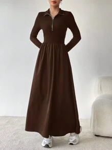 SHEIN EZwear Women's Solid Color Half Zip Long Sleeve Casual Dress - Brown - View 4
