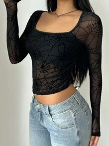 SHEIN EZwear Women's Black Square Neck Spider Web Flocked Mesh Asymmetrical Hem T-Shirt