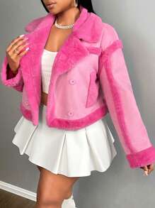 Women Faux Fur Coats - Hot Pink - View 6