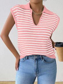 Chiquease Women's Collared Sleeveless Striped Minimalist Knit Sweater Vest, Casual Everyday Wear - Baby Pink - View 6
