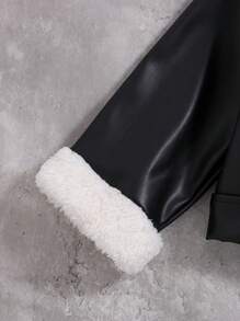 SHEIN 女宝宝厚绒毛领 PU 皮革短夹克外套，保暖冬季外套 - 黑色 - 查看 4