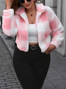 Calvaya 大码短款格子印花拉链羊毛夹克 - 粉色 - 查看 4