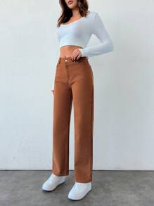 Cottnline Plain Straight Leg Cargo Jeans With Pockets, Casual - Brown - View 5