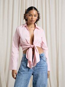 AiiRZ 前系带喇叭长袖领口上衣 - 粉色 - 查看 1