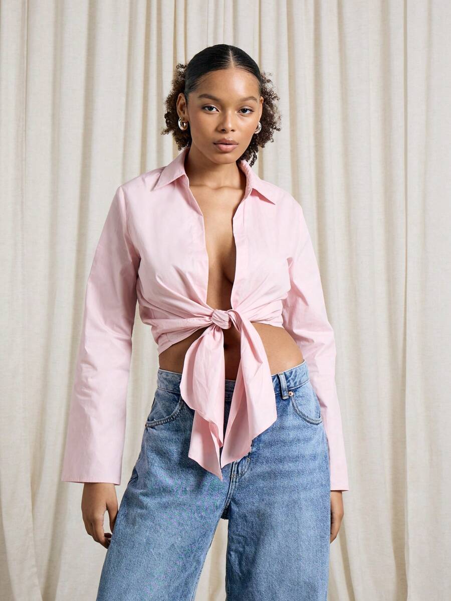 AiiRZ 前系带喇叭长袖领口上衣 - 粉色 - 查看 1