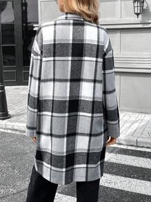 SHEIN LUNE Thick & Warm Plaid Printed Long Ladies Overcoat, Autumn Winter - Black and White - View 6