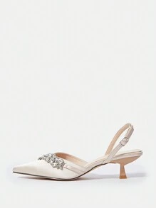 CUCCOO HITCHD Women's Spring & Summer New V-Cut Large Gem-Studded Chain Link Mid-Heels, Light Pink Realistic Flower Bow Accent, White Crystals, Sheer PVC Inset Satin Patchwork, Champagne Nude Stilettos For Party, Wedding Events Spring Shoes Spring Break Easter Prom Heels For Christmas - Apricot - View 7