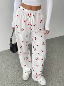 SHEIN Unity 女士休闲全宽樱桃印花低腰抽绳宽松直筒裤 - 紅白色 - 查看 6