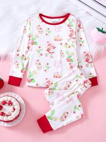 Strawberry Shortcake X SHEIN Young Girl 2pcs Cartoon Print Casual Tee And Leggings Snug Fit Pajamas Set, For Christmas - Multicolor - View 1