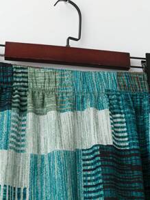 Linhara 2pcs/Set Plus Size Women Geometric Pattern Crew Neck Short Sleeve Blouse And Wide Leg Pants Set, Summer