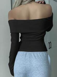 CovetEZ 1 buah Kaos Bodycon Rajut Tanpa Bahu Warna Hitam untuk Wanita - Hitam - View 2