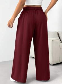 SHEIN EZwear Pantalones rectos de pierna recta y plisados de color liso para uso diario, talla grande, otoño - Burdeos - Ver 2