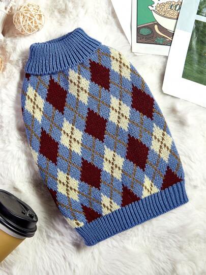 PETSIN 1pc Pet Blue Plaid Casual Collegiate Warm & Cozy Dog Sweater For Fall/Winter