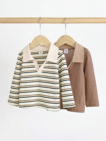 SHEIN 2pcs Infant Baby Boys' Soft, Breathable, Comfortable Knit Shirts, Suitable For Multiple Seasons With Flexible, Stretchy Material For Unrestricted Movement. Includes Two Color Variations To Meet Different Preferences Of Baby And Parents.