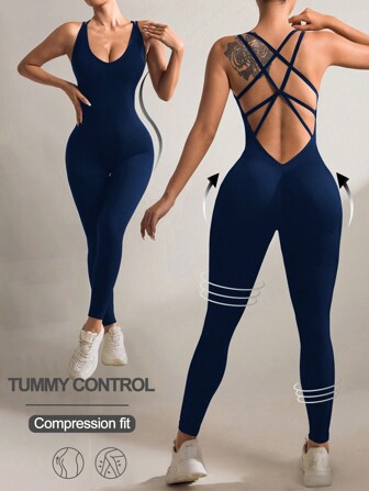 Women's Solid Color Criss-Cross Back Hollow-Out Daily Fitness Jumpsuit Full BodyOut Daily Fitness Jumpsuit