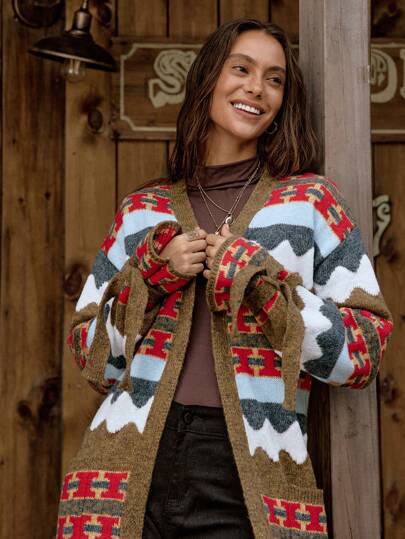 LanaWest Women's All-Over Print Casual Long Sleeve Knitted Cardigan Fall Cloth For Women