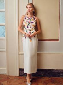 ZEYLAH FLORAL PRINT SPLIT BACK SLEEVELESS LONG DRESS WITHOUT BELT - White - View 8