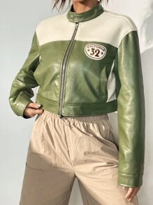Muchica Women's Autumn Color Block Letter Casual PU Leather Short Jacket - Green - View 3