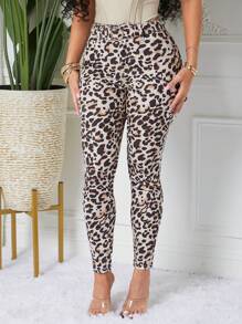 SHEIN SXY Women's Leopard Print Skinny Casual Denim Jeans - Multicolor - View 3