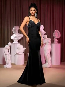 SHEIN Belle Đầm dự tiệc phối ren sang trọng quyến rũ cho nữ (Phong cách nặng nề) - màu đen - Xem 5