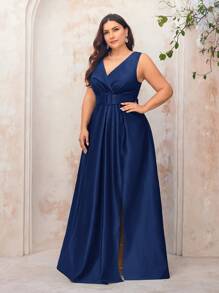 SHEIN Belle Plus Size Vintage Deep V-Neck Overlap Simple Belt Pleated High Slit A-Line Hem Simple Elegant Formal Evening Gown, Prom Dress, For Wedding Guest, Graduation, Dinner, Party Dress