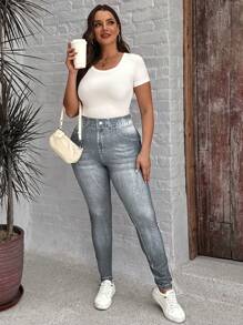 SHEIN LUNE Celana Legging Jegging Ketat Elastis untuk Wanita Ukuran Plus dengan Efek Denim - Dark Grey - View 4