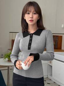 DAZY Suéter elegante de manga larga de punto con ribete contrastante y botones delanteros para mujeres