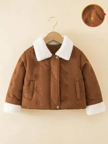 SHEIN Abrigo acolchado con estampado de lunares para niña joven, abrigo acolchado cálido para uso al aire libre, fiestas, escuela, uso diario - Marrón - Ver 1