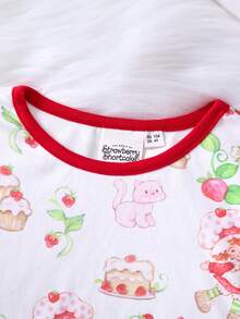 Strawberry Shortcake X SHEIN Young Girl 2pcs Cartoon Print Casual Tee And Leggings Snug Fit Pajamas Set, For Christmas - Multicolor - View 3