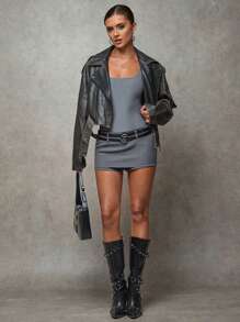 SHEIN BAE 女士灰色纯色通勤休闲/办公室风/外出服饰/时尚百搭高街低腰皮带扣腰饰迷你裙裤子女短裤 - 灰色 - 查看 6