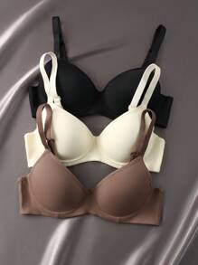 3 件套无钢圈文胸套装（暗玫红色 + 炭灰色 + 杏色）