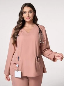 SHEIN TaskFit Bộ đồng phục quần dài tay màu trơn cỡ lớn - Hồng - Xem 4